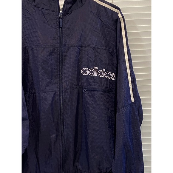 Vintage Adidas Mens Medium Navy Blue Ripstop Hooded Windbreaker Jacket 90s - Picture 2 of 14